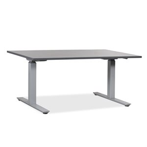 Hæve sænke bord. Antracitgrå laminat. Gråt stel. 140 x 80 cm.