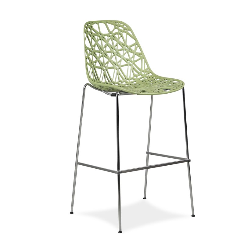 Barstol. Crassevig. Net. Lysegrøn plast. Krom stel. Siddehøjde: 75 cm.