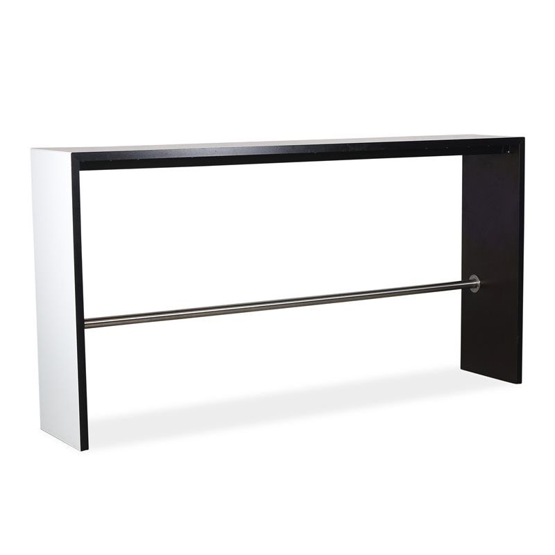 Højbord. Hvid laminat. Sort inderside. Forskudt fodhvile. 140x40x105cm