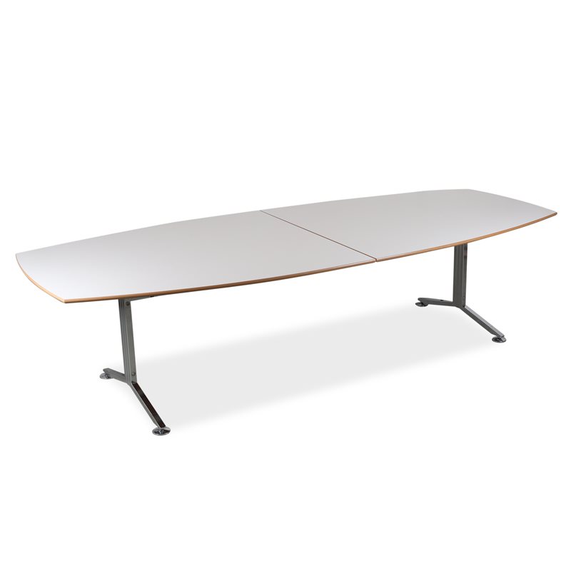 Konferencebord. Hvid laminat. Natur kant. 2-delt plade. Krom stel.