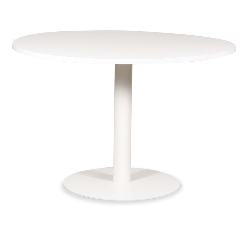 Mødebord. Råhvid lakeret med synlig træstruktur. Hvid søjle. Ø: 110cm.
