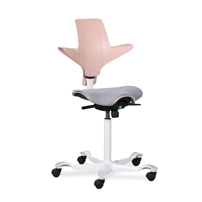 Kontorstol. Håg. Capisco 8020. Hvidt stel. Lyserød. Gråt polster. 265 mm.