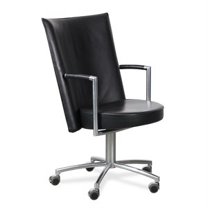 Konferencestol. Erik Jørgensen. EJ-70. Partner. Sort læder. Armlæn. Hjul.