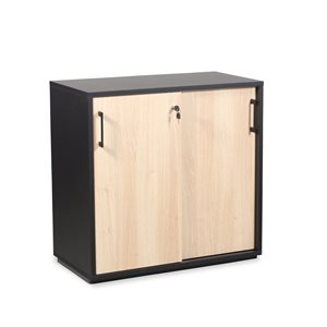 Kontorskab. Sort korpus. Eg låger. Lås. Skydelåger.