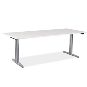 Hæve sænke bord. Hvid laminat. Børstet stål stel. 180 x 80 cm.