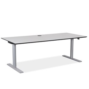 Hæve sænke bord. Hvid laminat. Sort kant. Gråt stel. 180 x 80 cm.