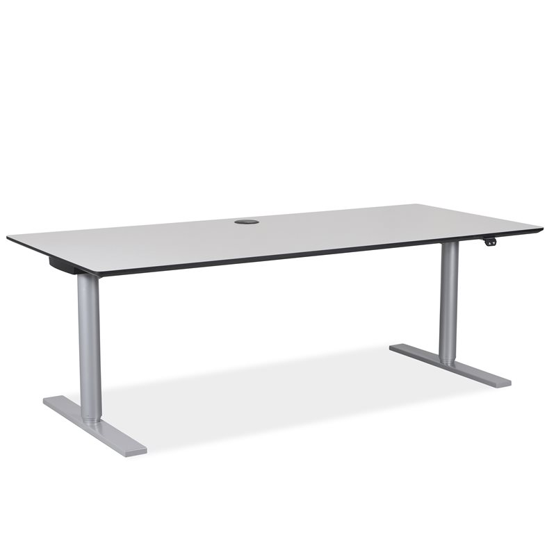 Hæve sænke bord. Hvid laminat. Sort kant. Gråt stel. 180 x 80 cm.