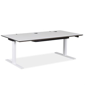 Hæve sænke bord. Hvid laminat. Hvidt stel. 160 x 80 cm. m. skuffe.