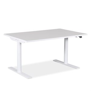 Hæve sænke bord. Hvid laminat. Hvidt Stel. Runde søjler. 120 x 80 cm.