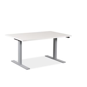 Hæve sænke bord. Hvid laminat. Gråt stel. 120 x 80 cm.